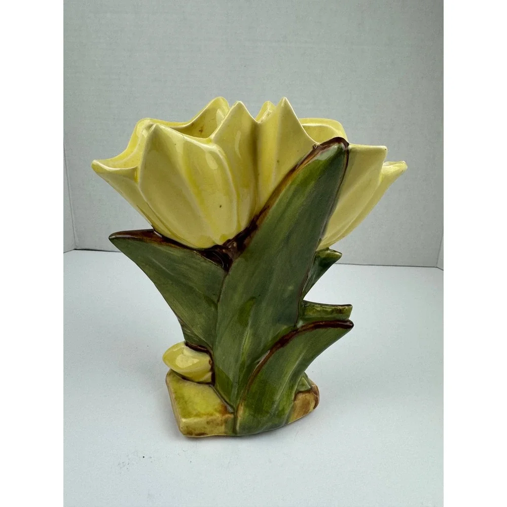 Vintage McCoy Yellow Tulip Ceramic Vase Mid Century Art Pottery Floral Planter